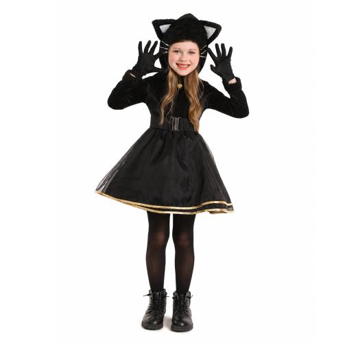 Flannelette (Flannelette) & Gaas Kinderen Kat Kostuum Jurk & Handschoen & Riem Zwarte Instellen