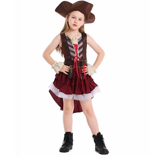 Gebreide stof & Gaas & Polyester Kinderen Piraat Kostuum handwrap & Hsa & Rok & Riem & Boven Brown Instellen