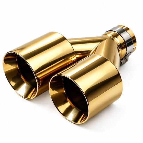 Y-Shape Double Layer Dual Outlet Flat Mouth Stainless Steel Exhaust Tip 63-102mm Clamp-On   Gold