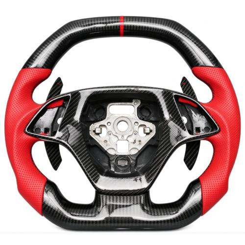 REAL CARBON FIBER Steering Wheel FOR Chevrolet Corvette C7 RED LEATHER W/PADDLES